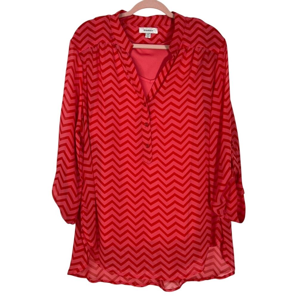 Dress Barn Pink‎ Red Chevron Print Long Sleeves V-neck Pullover Blouse Size 2X